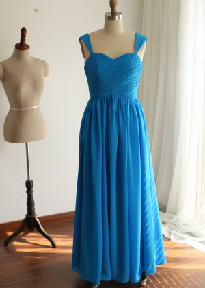 Sweetheart Neck Blue Pleated Chiffon Beautiful Handmade Bridesmaid Dress